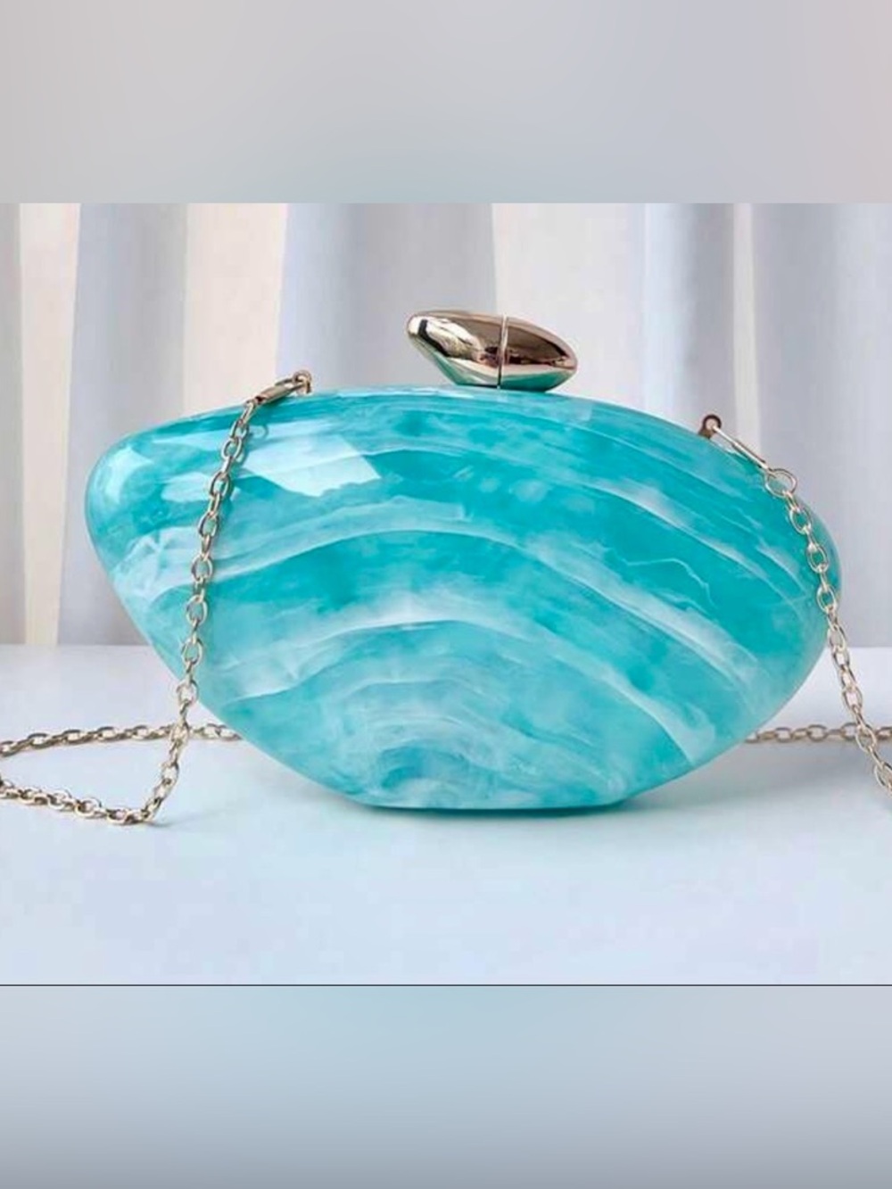 Turquoise Marbled Shell Clutch with Gold Hardware